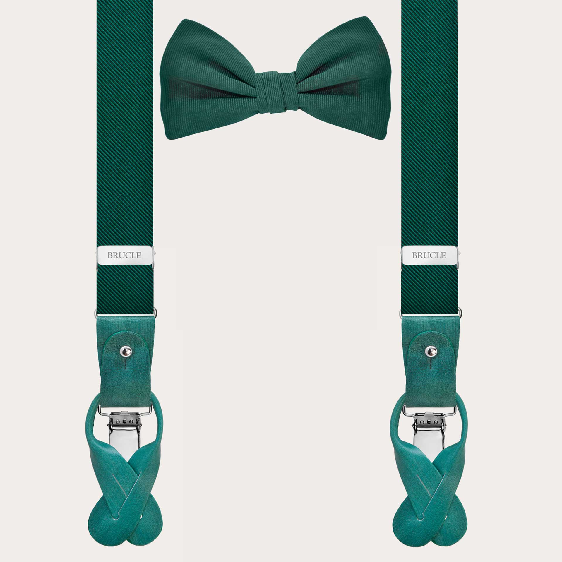 Refined coordinated set consisting of narrow green silk suspenders and a pre-tied green bow tie,