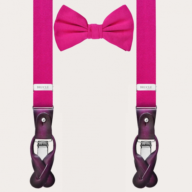 Refined coordinated set consisting of skinny fuchsia silk suspenders and a pre-tied fuchsia bow tie