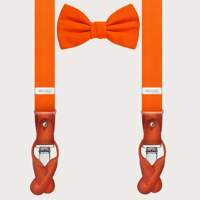Coordinated set featuring slim silk suspenders and an orange pre-tied bow tie