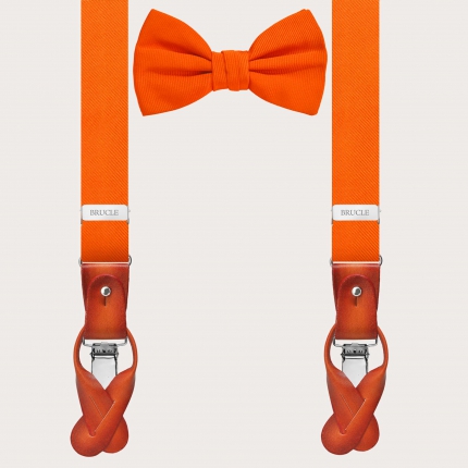 Coordinated set featuring slim silk suspenders and an orange pre-tied bow tie