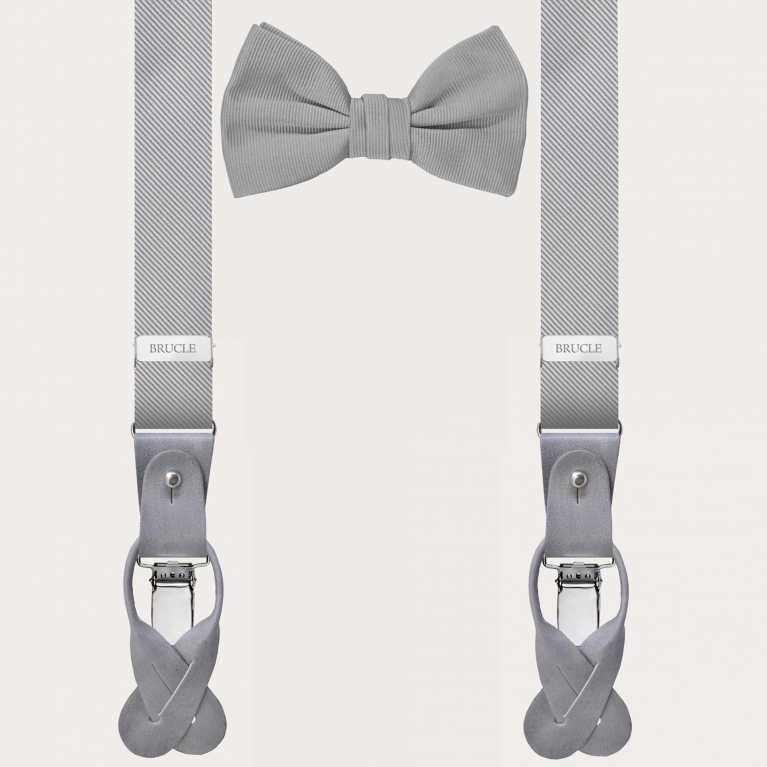 Coordinated set featuring slim silk suspenders and an light grey pre-tied bow tie