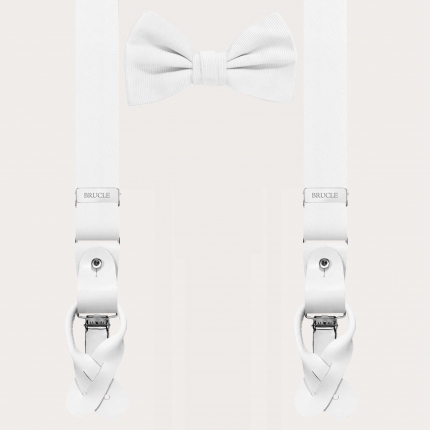 Coordinated set featuring slim silk suspenders and white pre-tied bow tie