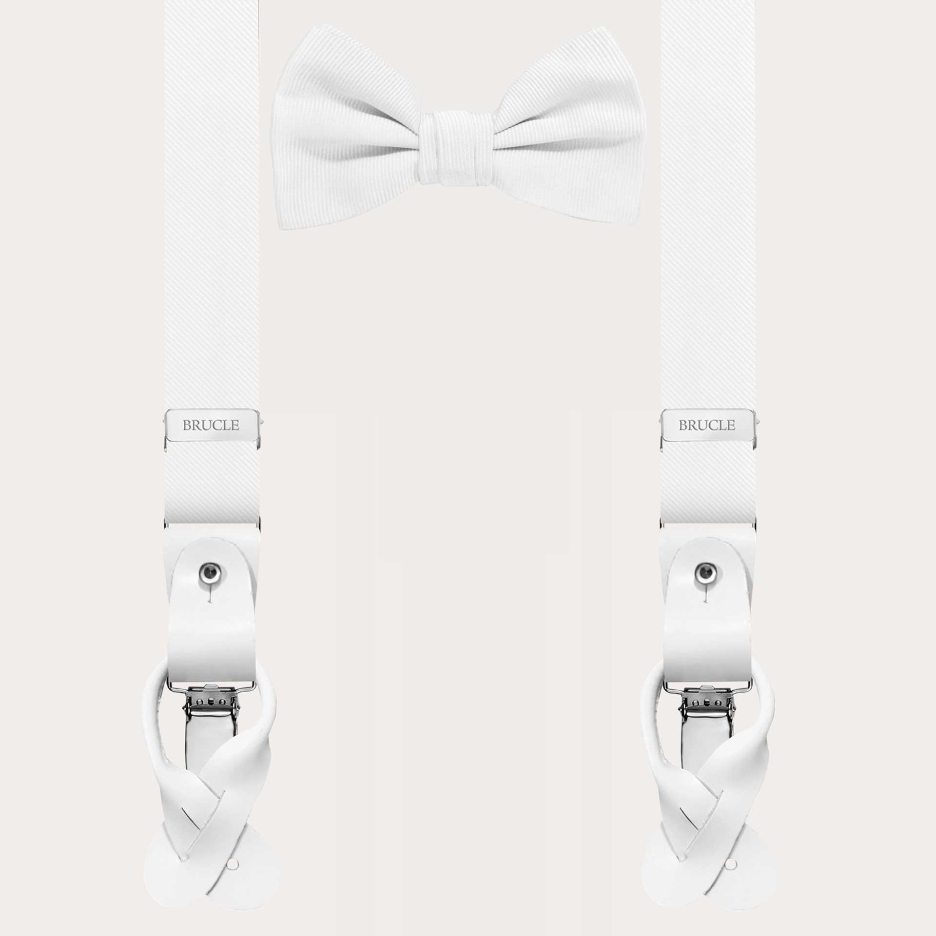 Coordinated set featuring slim silk suspenders and white pre-tied bow tie