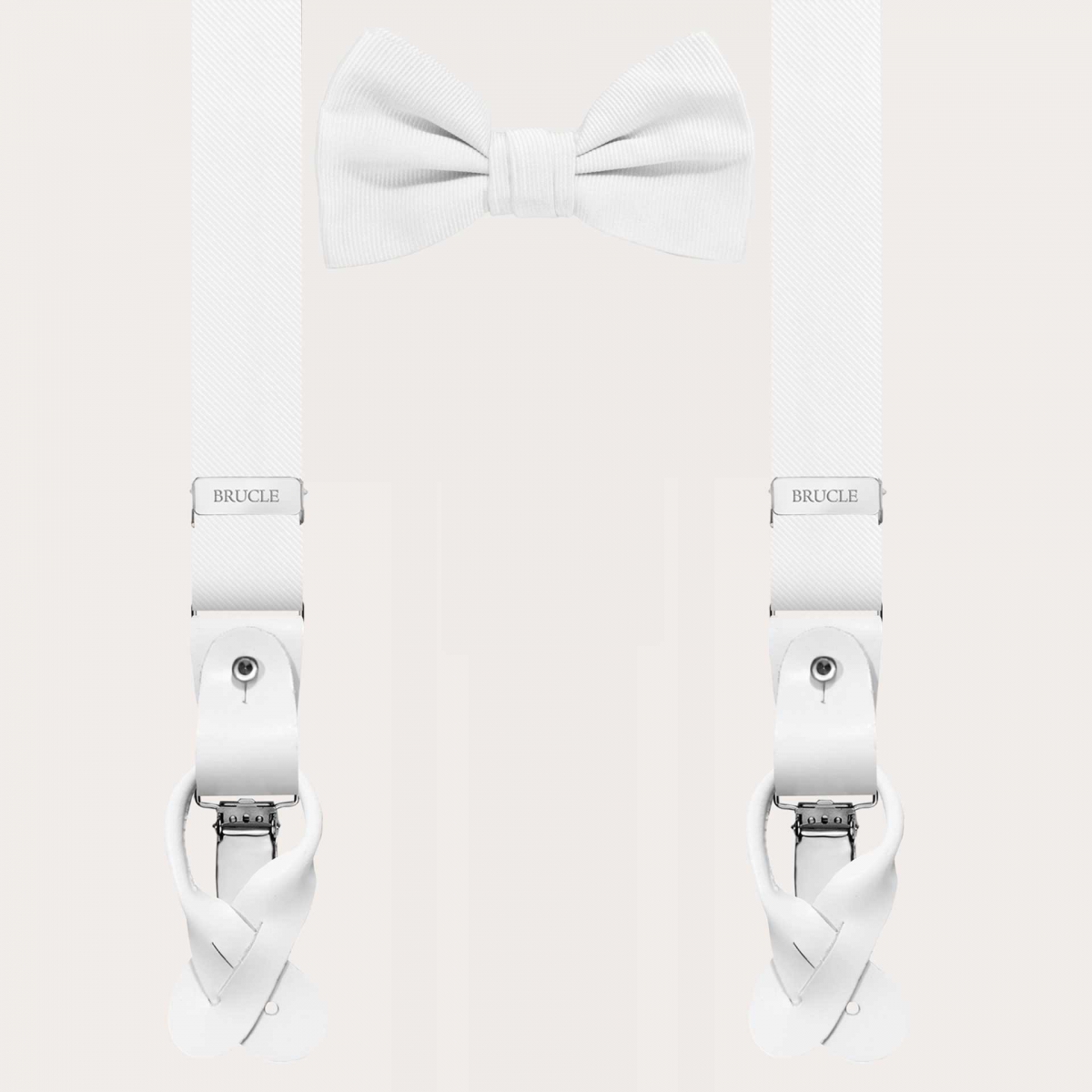 Coordinated set featuring slim silk suspenders and white pre-tied bow tie