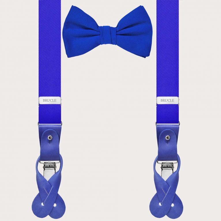 Classique ensemble assorti de bretelles fines en soie pour boutons et noeud papillon bleu royal