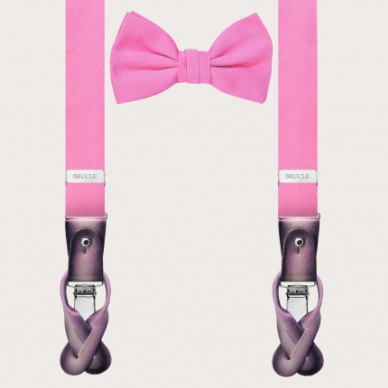 Refined coordinated set consisting of skinny pink silk suspenders and a pre-tied pink bow tie