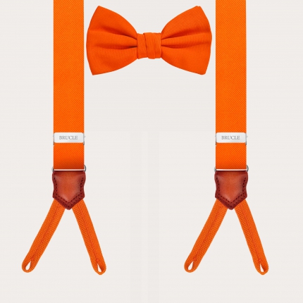 Abgestimmte Set von schmalen orangefarbenen Herren-hosenträgern für Knöpfe und eine vorgebundene orangefarbenen Seidenfliege