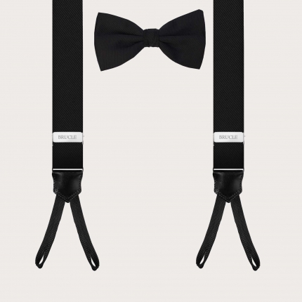 Conjunto coordinado de Tirantes negros de seda y Pajarita negra pre-anudada de seda