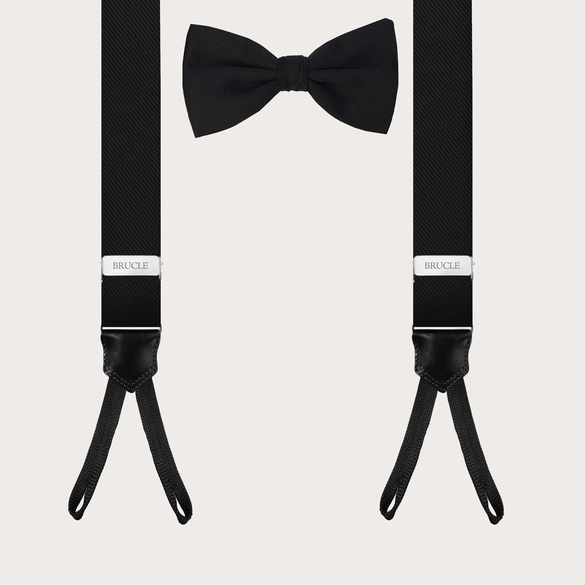 Coordinated set of black silk suspenders and black bow tie