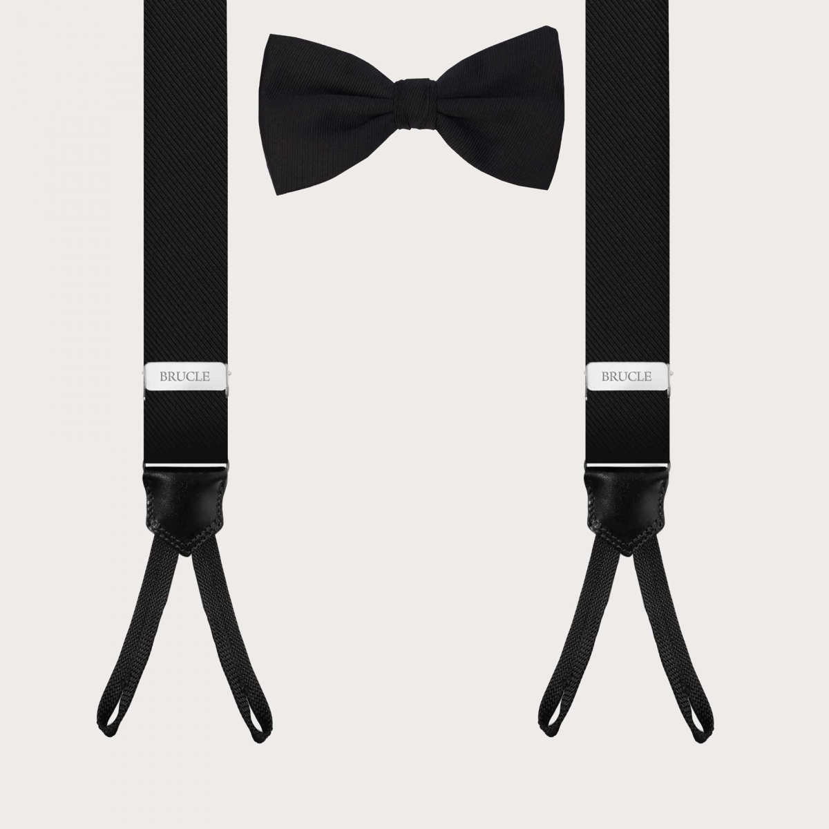 Coordinated set of black silk suspenders and black bow tie