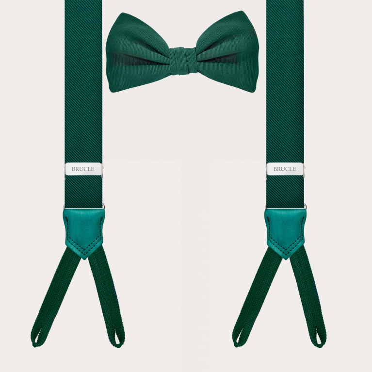 Set coordinato bretelle strette verdi con asole per bottoni e papillon abbinato in seta