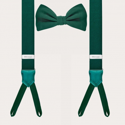 Set coordinato bretelle strette verdi con asole per bottoni e papillon abbinato in seta