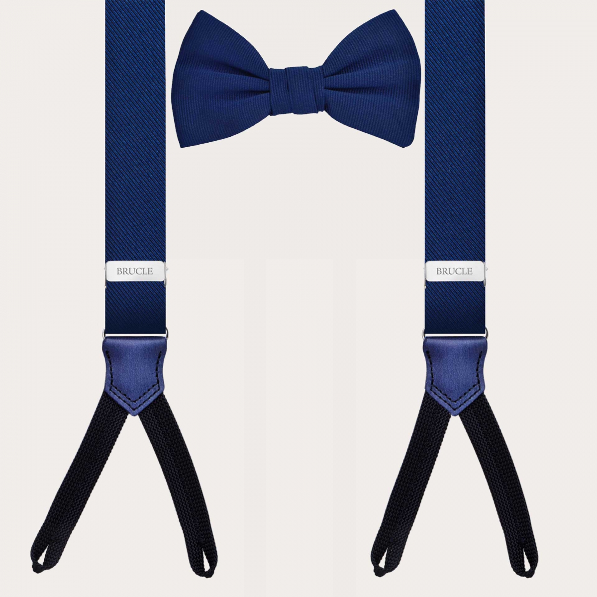 Coordinated set of blue silk suspenders and blue bow tie