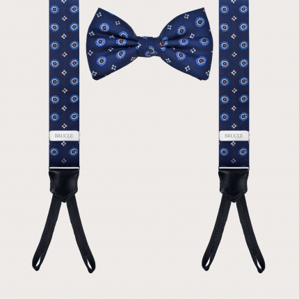Coordinated set blue silk suspenders and floral bow tie