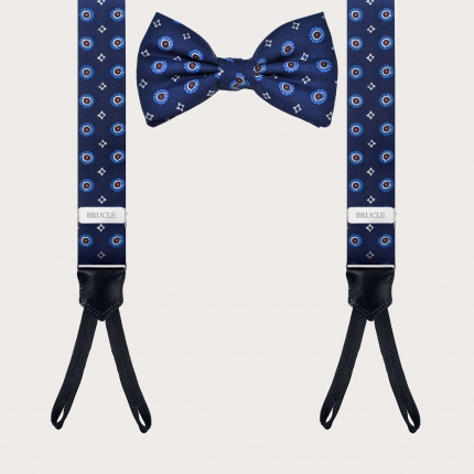 Koordinierte Set blaue Seidenhosenträger und Fliege mit Blumenmuster