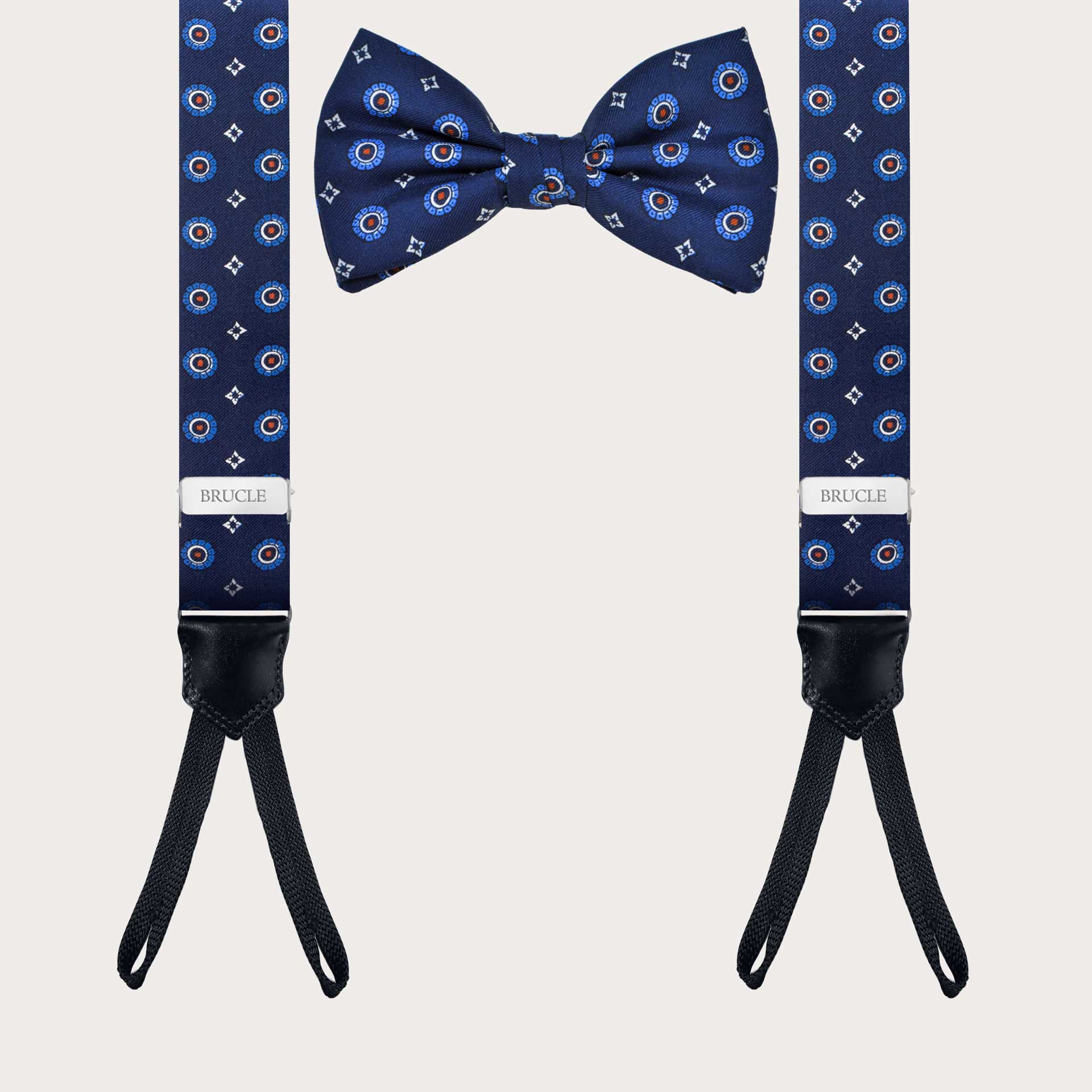 Coordinated set blue silk suspenders and floral bow tie