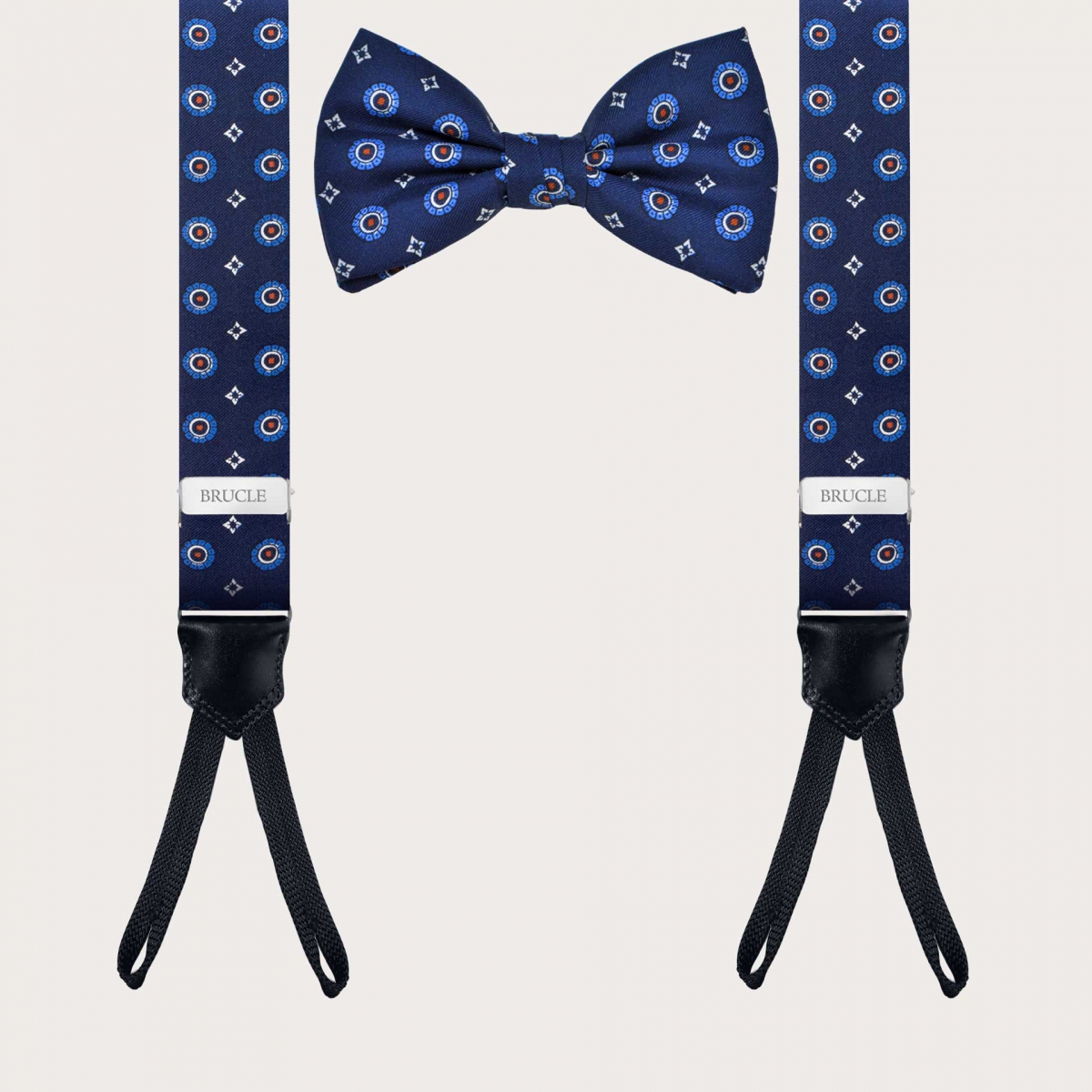 Set coordonné bretelles et nœud papillon en soie bleue à fleurs