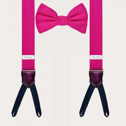 Matched set of fuchsia suspenders and bow tie