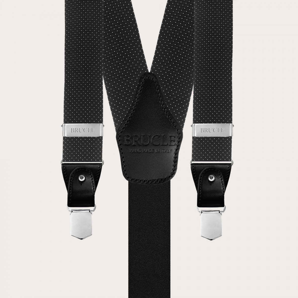 Formal Y-shape fabric suspenders in silk, dotted black pattern