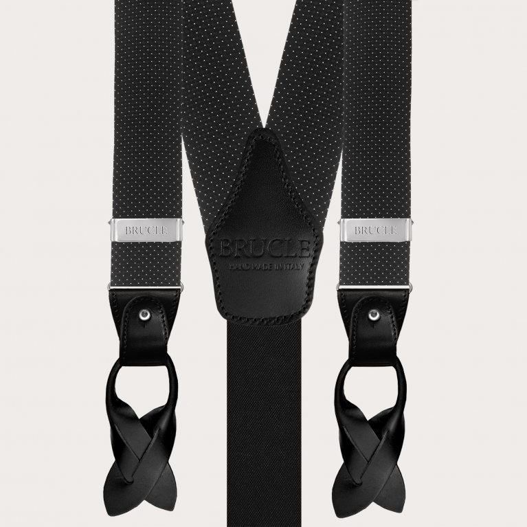 Formal Y-shape fabric suspenders in silk, dotted black pattern