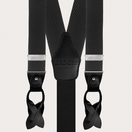Formal Y-shape fabric suspenders in silk, dotted black pattern