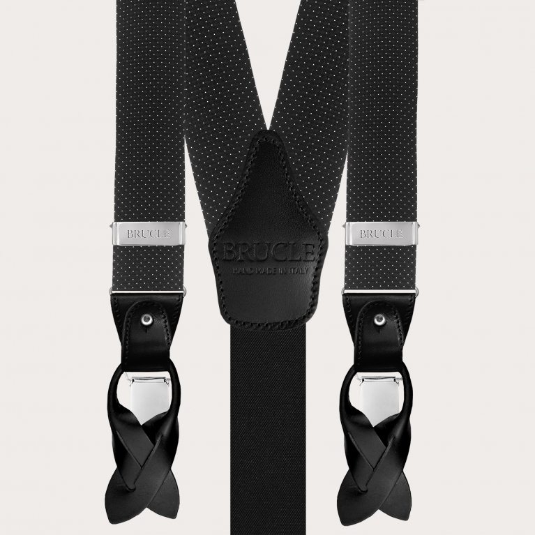 Formal Y-shape fabric suspenders in silk, dotted black pattern