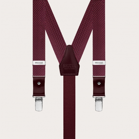 BRUCLE Formal Y-shape fabric suspenders in silk, dotted bordeaux pattern
