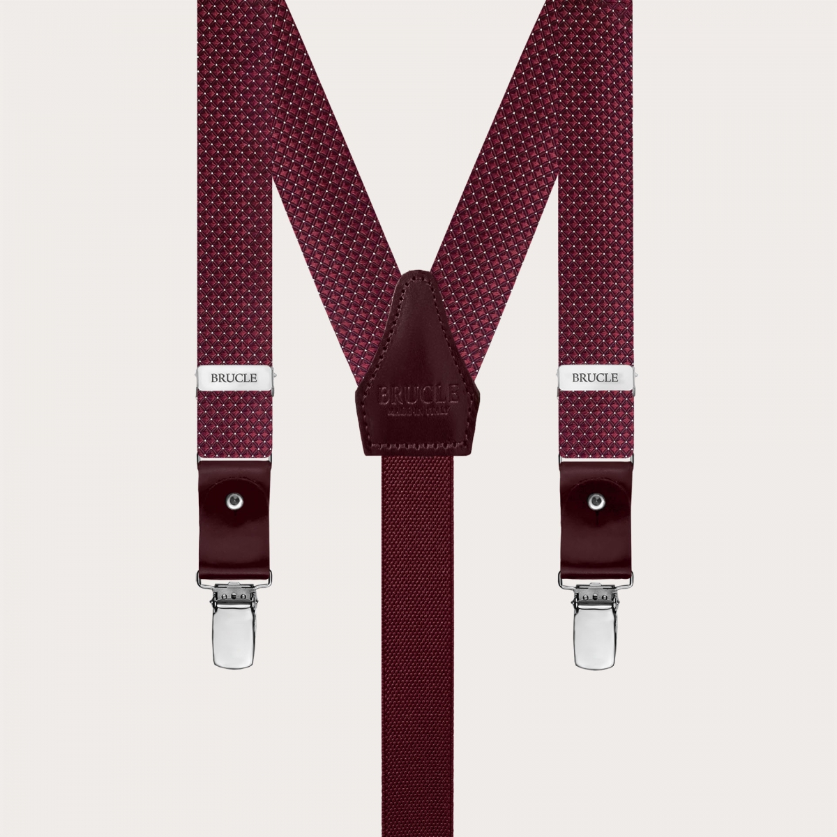 BRUCLE Formal Y-shape fabric suspenders in silk, dotted bordeaux pattern