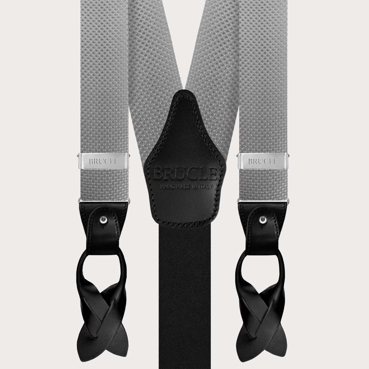 Formal Y-shape fabric suspenders in silk, dotted grey pattern