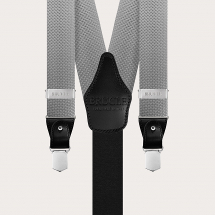 Formal Y-shape fabric suspenders in silk, dotted grey pattern