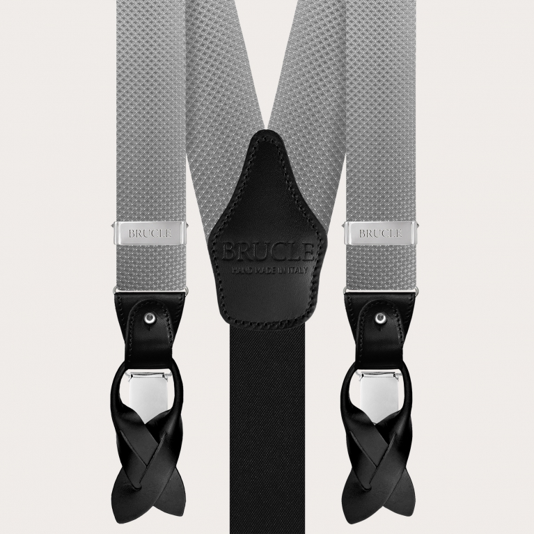 Formal Y-shape fabric suspenders in silk, dotted grey pattern