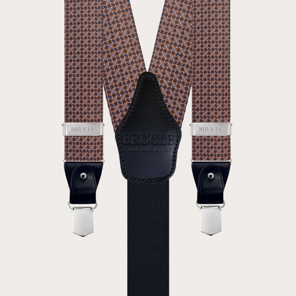 Bretelles raffinées en soie avec un micro-motif en marron, bleu clair, bleu et orange