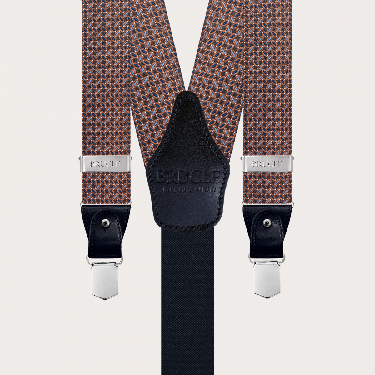Bretelles raffinées en soie avec un micro-motif en marron, bleu clair, bleu et orange