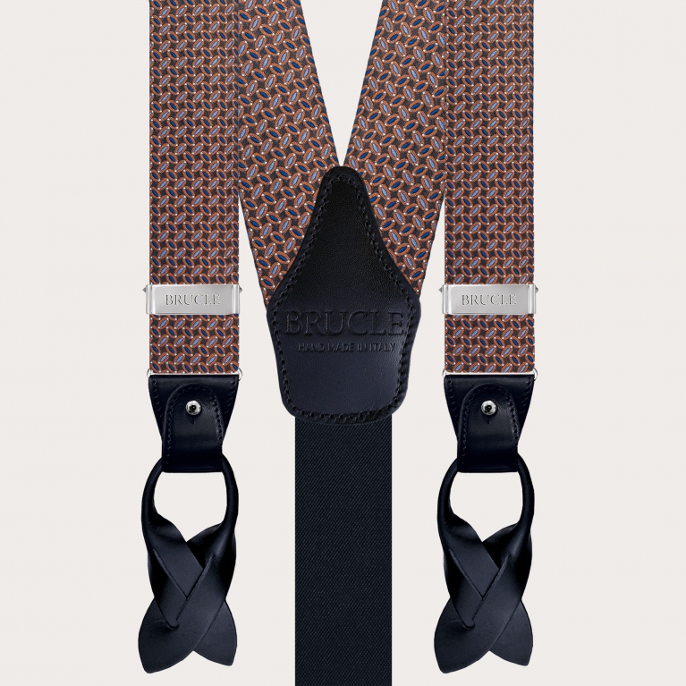 Refined silk suspenders with a micro-pattern in brown, light blue, blue, and orange