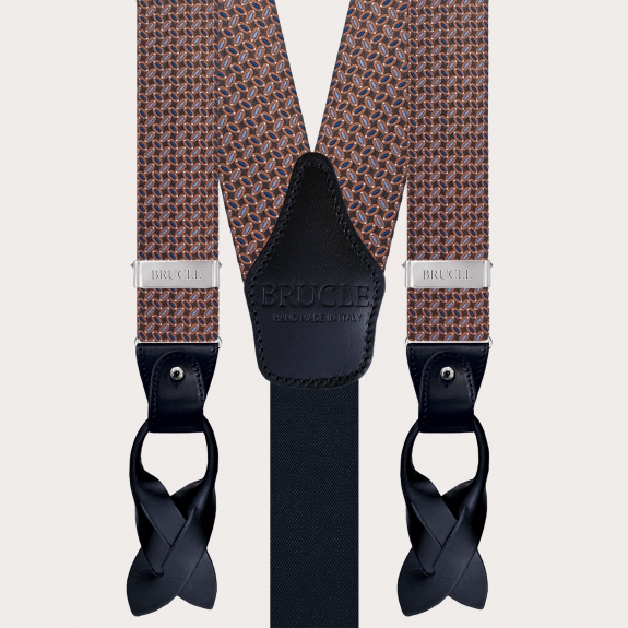 Refined silk suspenders with a micro-pattern in brown, light blue, blue, and orange