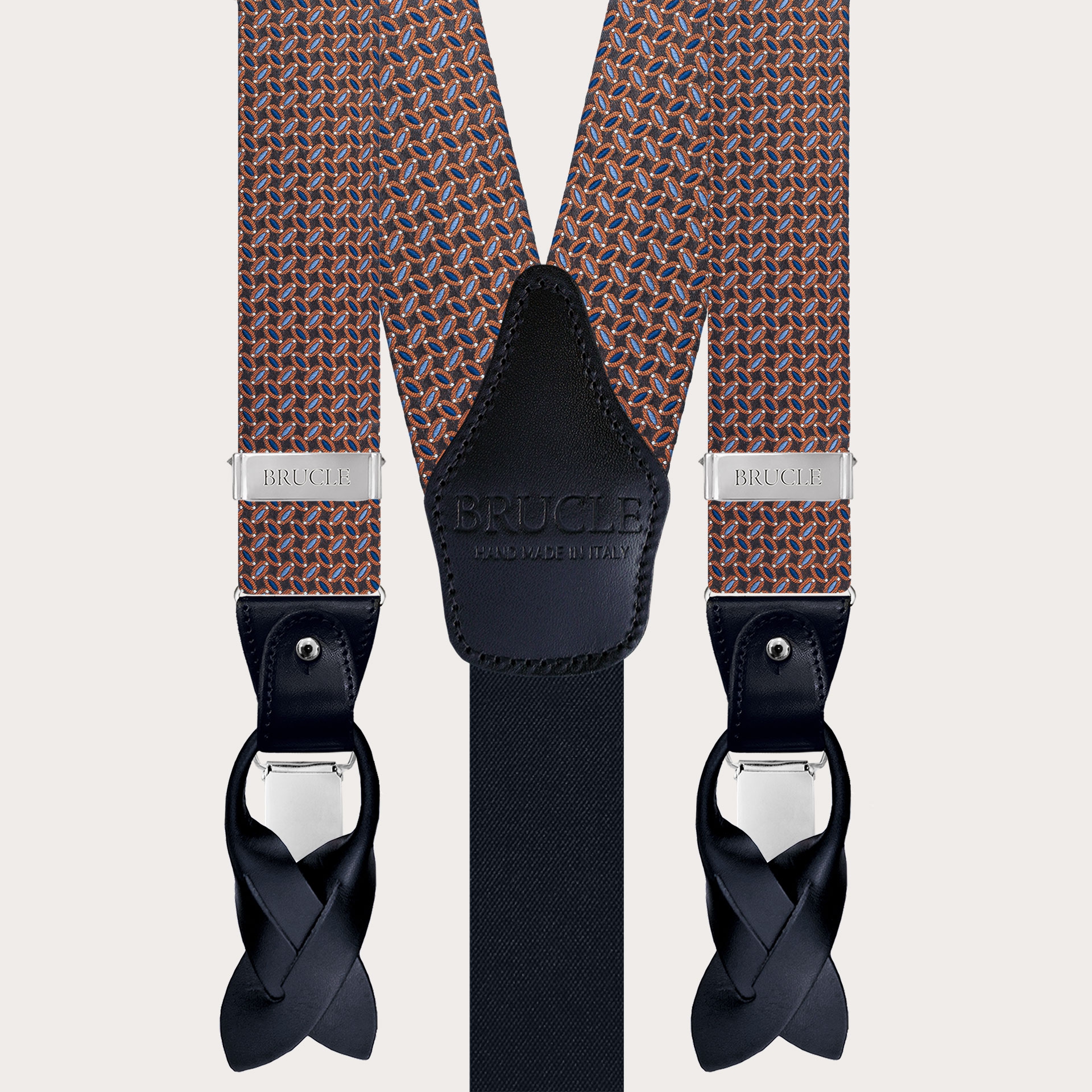 Refined silk suspenders with a micro-pattern in brown, light blue, blue, and orange