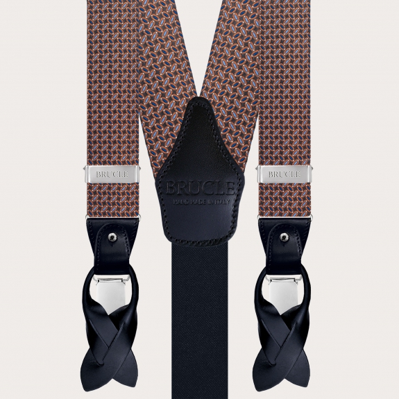 Refined silk suspenders with a micro-pattern in brown, light blue, blue, and orange