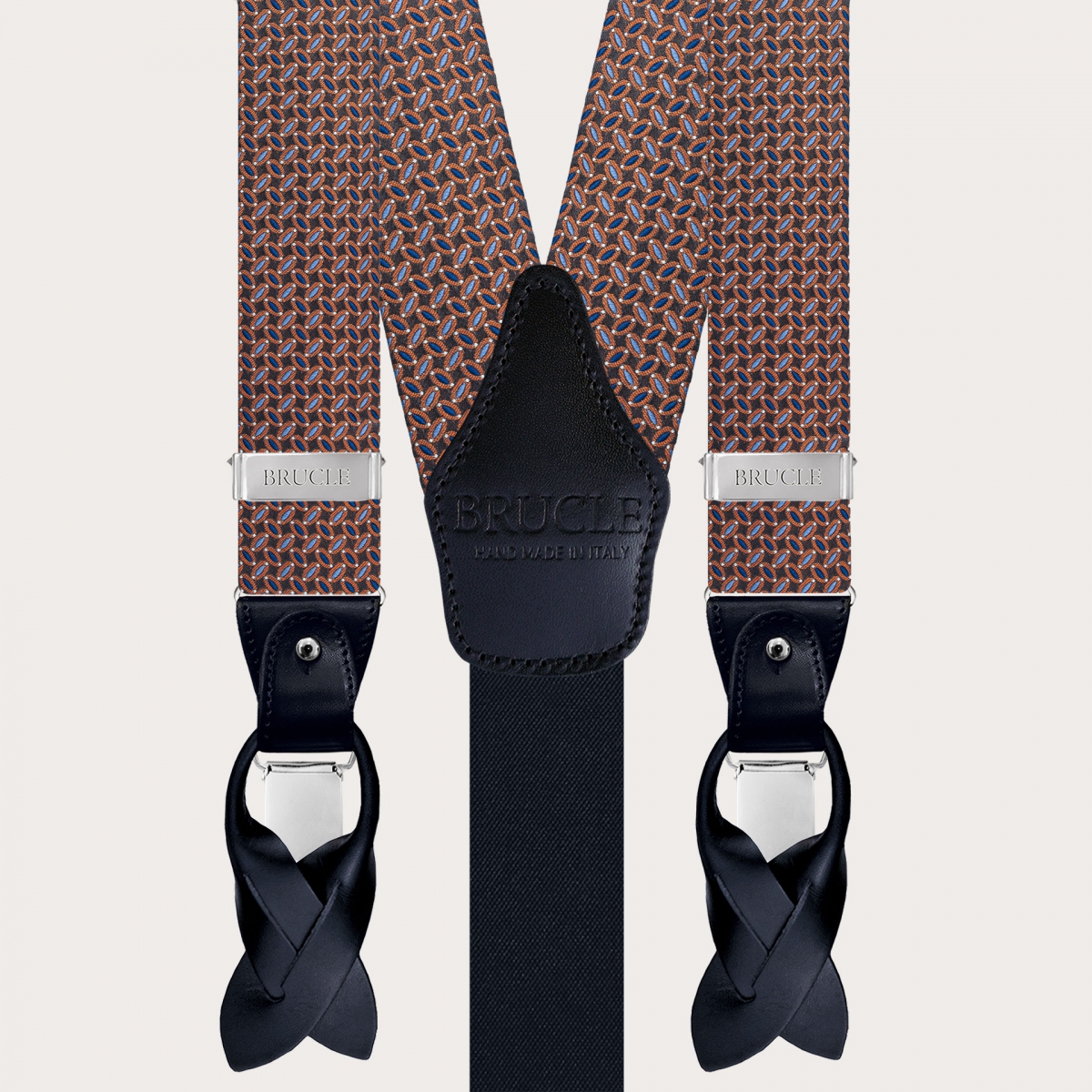 Refined silk suspenders with a micro-pattern in brown, light blue, blue, and orange