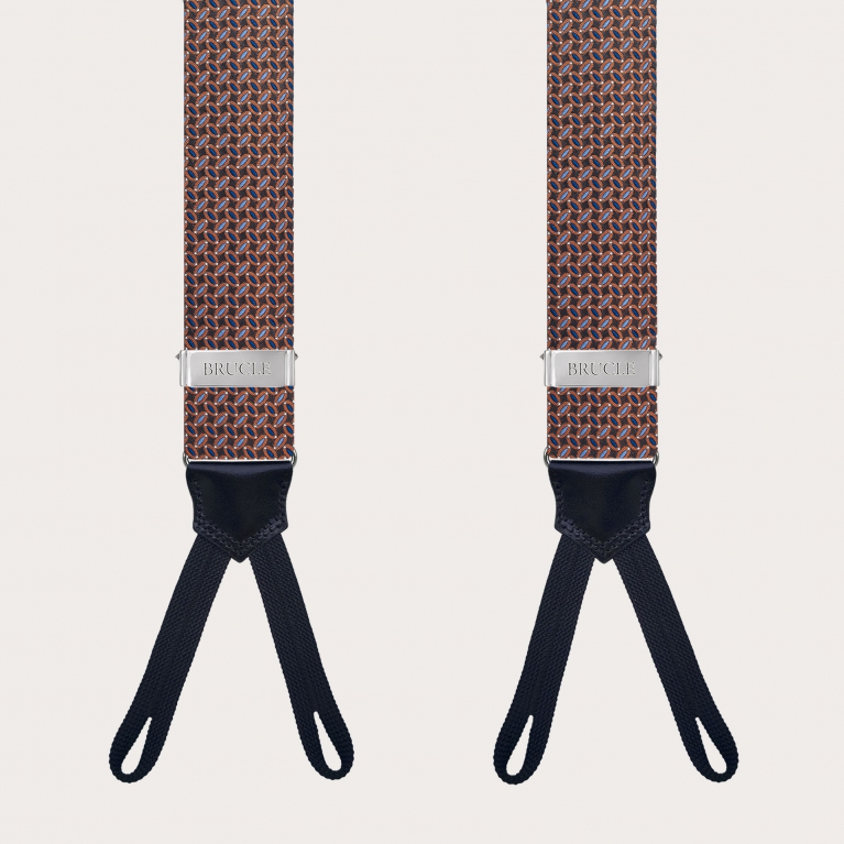 Bretelles à tresses en soie avec un micro-motif en marron, bleu clair, bleu et orange