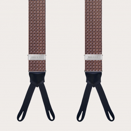 Silk suspenders braid ends with a micro-pattern in brown, light blue, blue, and orange