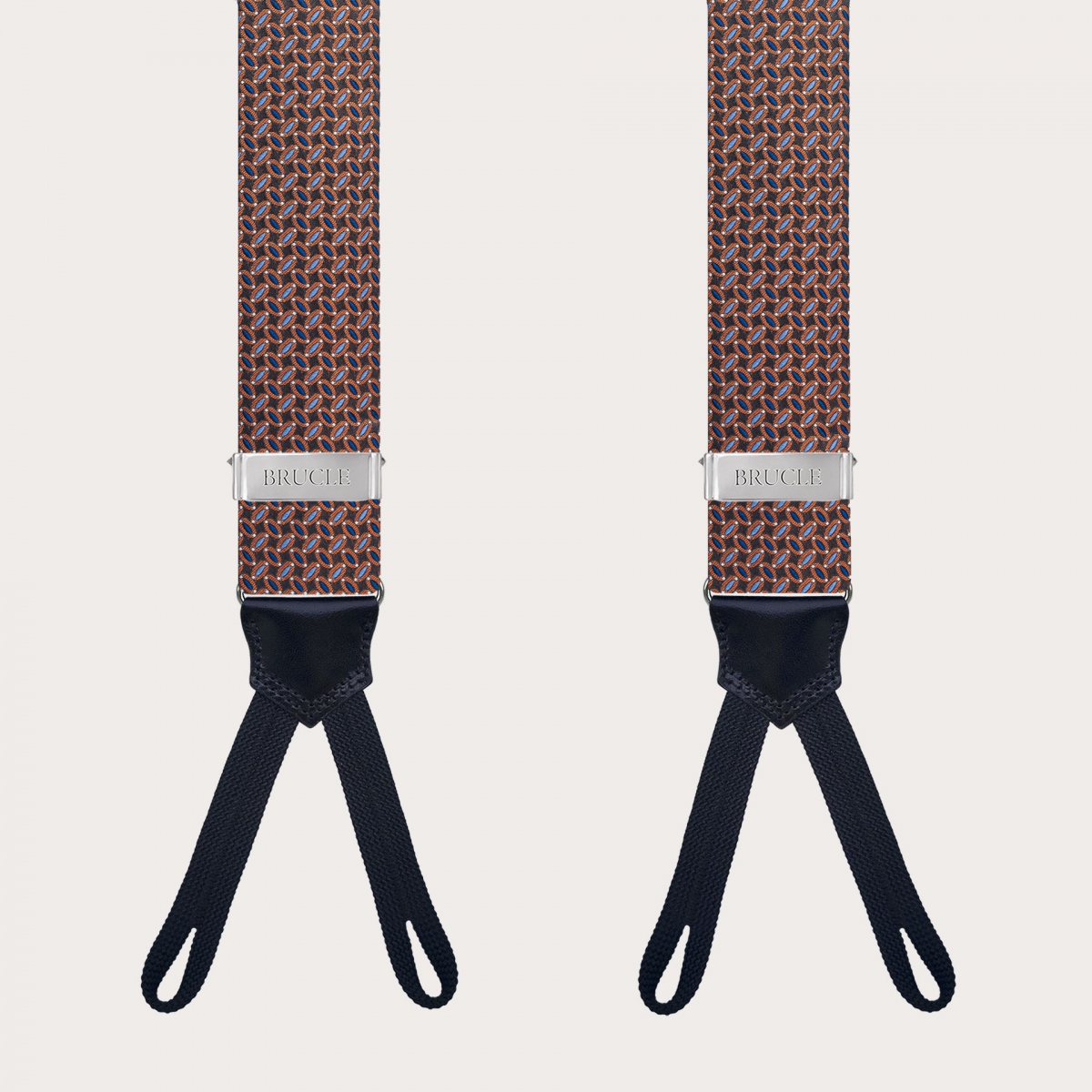 Bretelles à tresses en soie avec un micro-motif en marron, bleu clair, bleu et orange