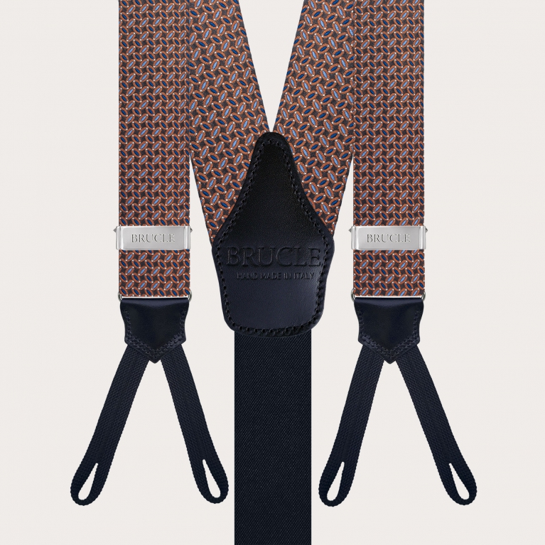 Silk suspenders braid ends with a micro-pattern in brown, light blue, blue, and orange