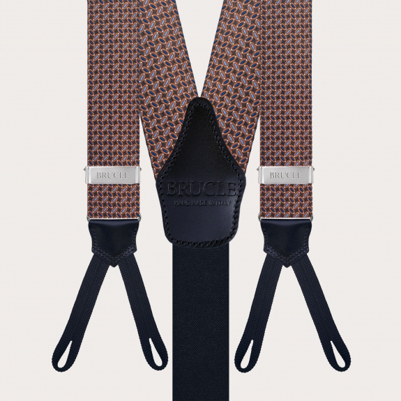 Bretelles à tresses en soie avec un micro-motif en marron, bleu clair, bleu et orange