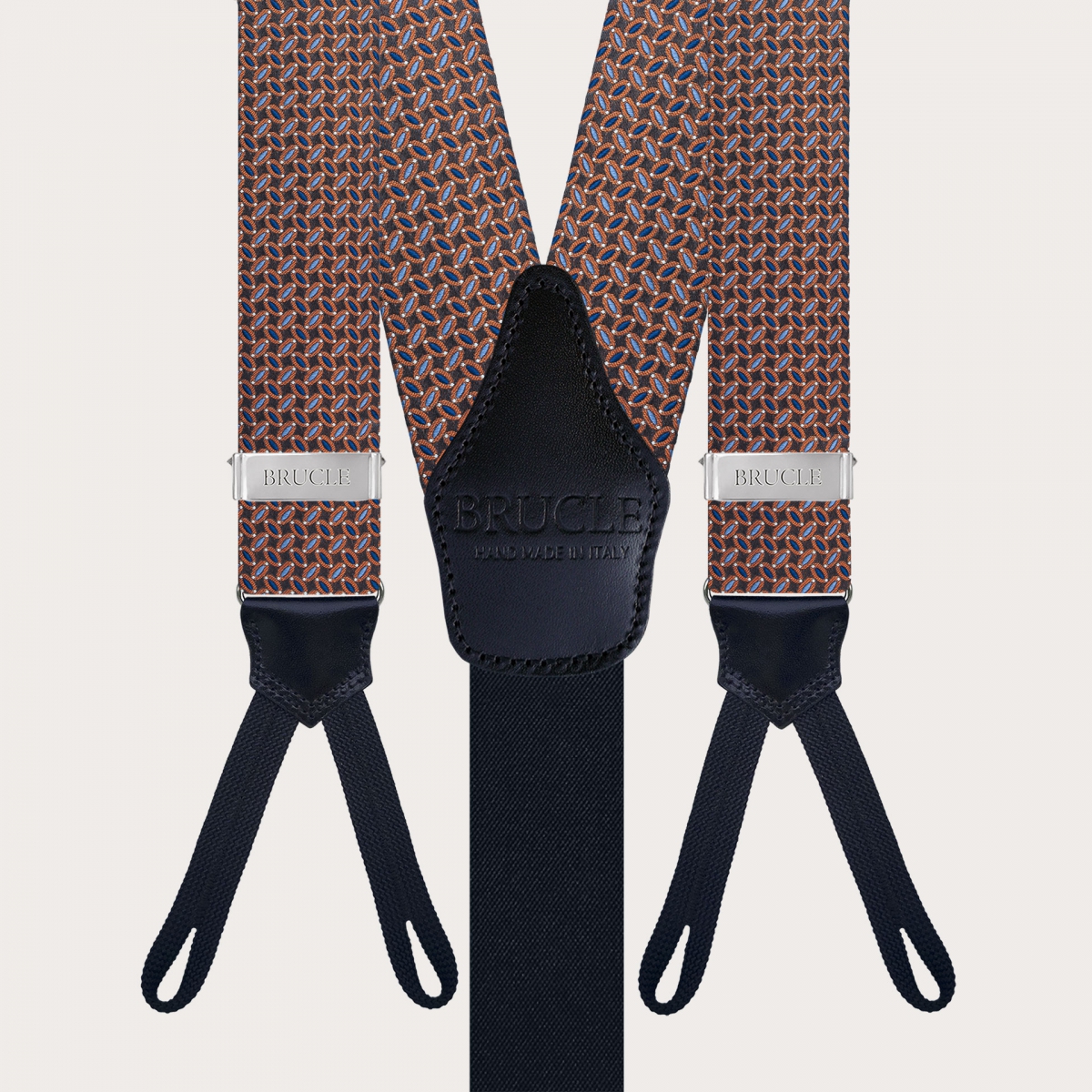 Silk suspenders braid ends with a micro-pattern in brown, light blue, blue, and orange