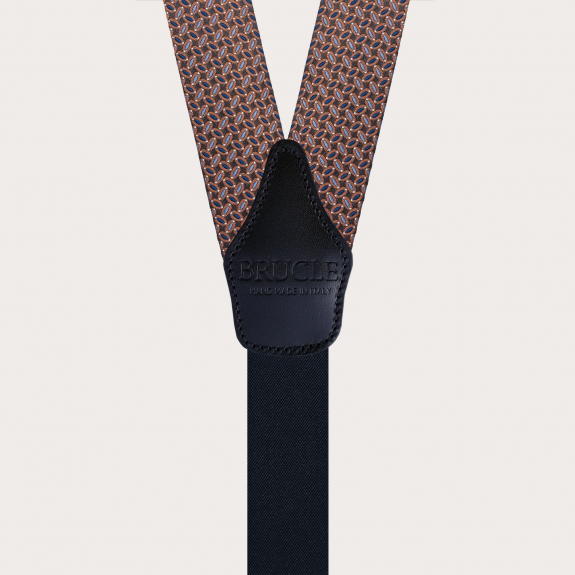 Raffinate bretelle per bottoni in seta micro fantasia marrone azzurro blu e arancio