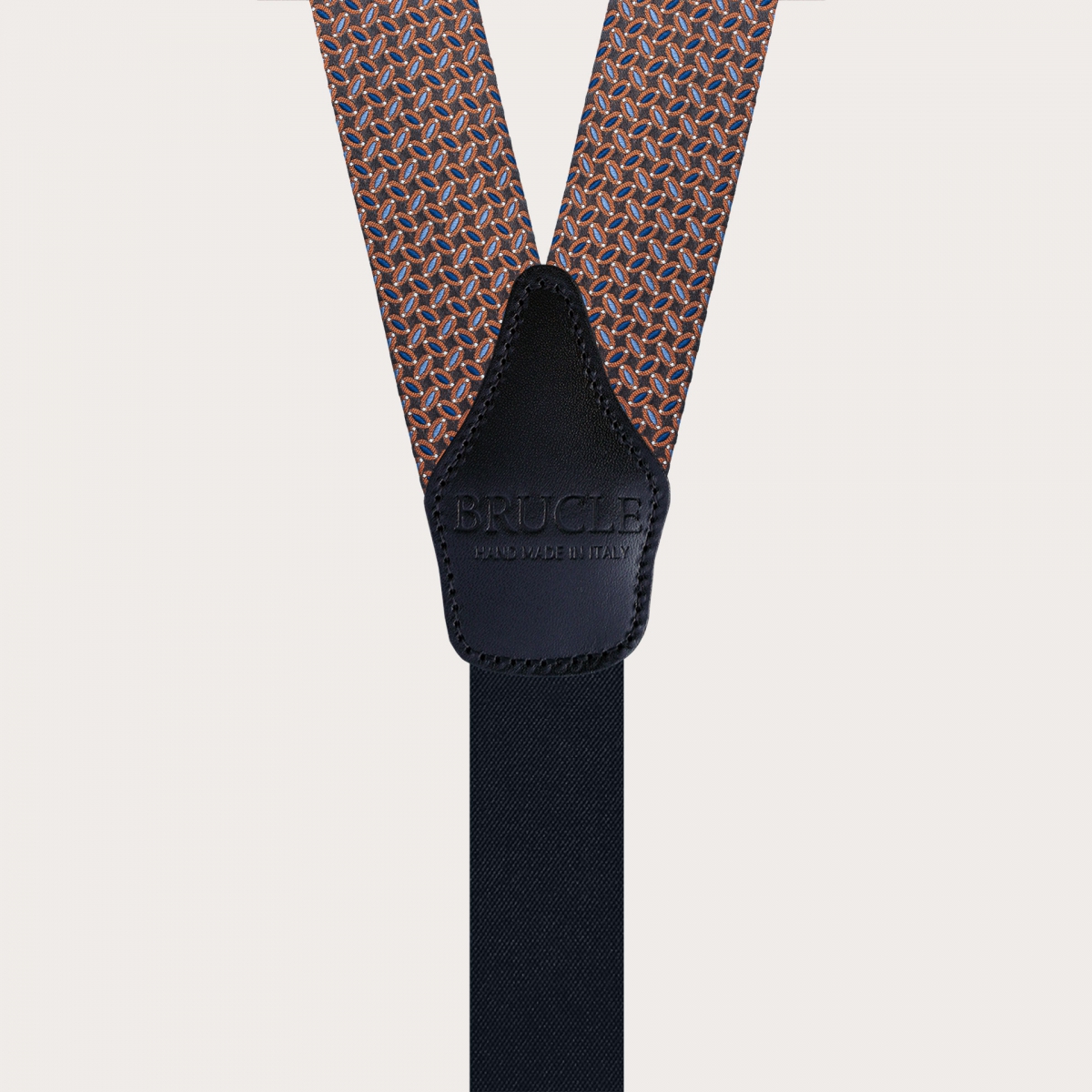 Silk suspenders braid ends with a micro-pattern in brown, light blue, blue, and orange