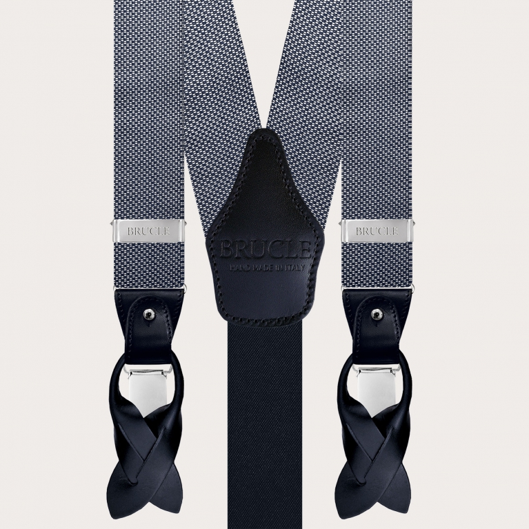 Elegant Men's Blue Silk Suspenders with micro white pattern
