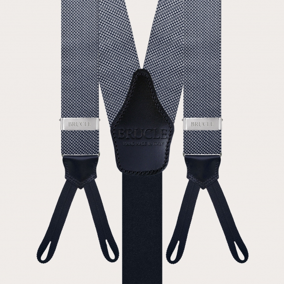 Herren Hosenträger aus blauer Seide mit Mikro-Weiß-Muster mit Knöpfen