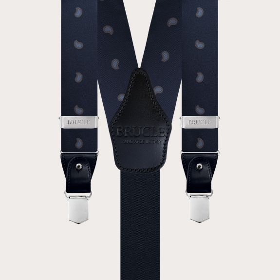 Y-shape fabric suspenders in silk, blue paisley macro pattern