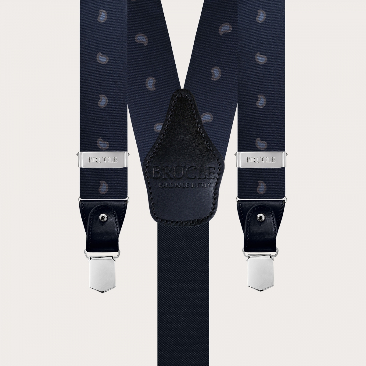 Y-shape fabric suspenders in silk, blue paisley macro pattern